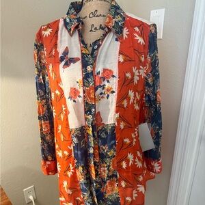 Multiples Orange and White Graphic Long Sleeve Button Down Shirt